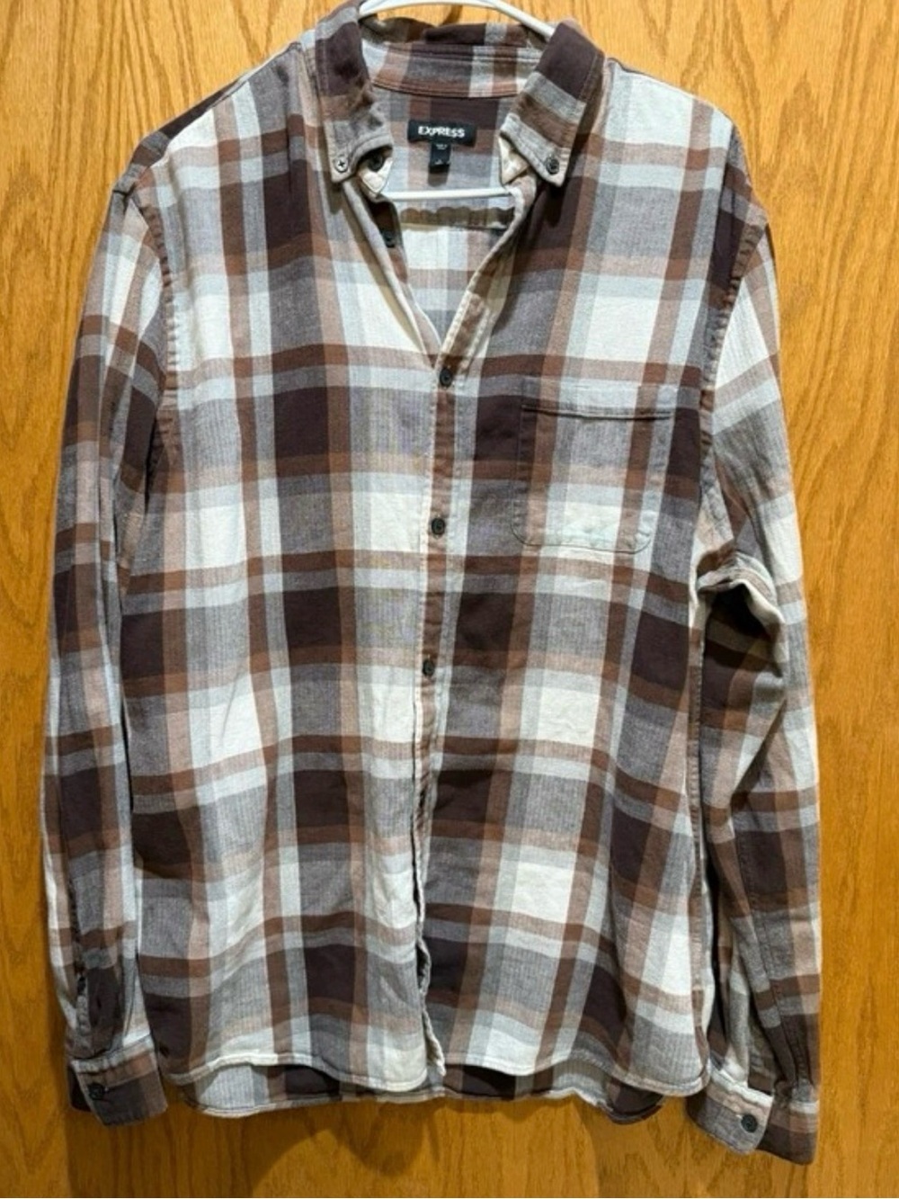 Express Plaid Button-Down Shirt in Brown and Cream
